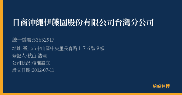 日商沖繩伊藤園股份有限公司台灣分公司的照片-統編 53652917(臺北市) 公司登記資料與營業項目詳細圖表