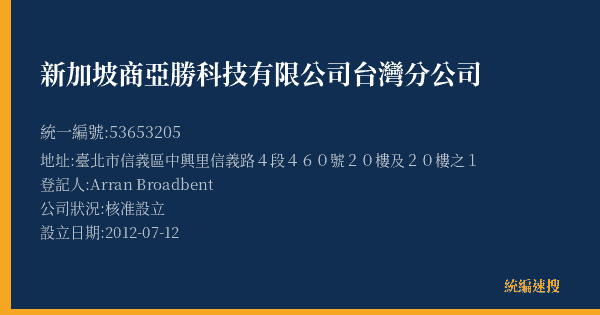 新加坡商亞勝科技有限公司台灣分公司的照片-統編 53653205(臺北市) 公司登記資料與營業項目詳細圖表