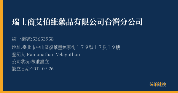 瑞士商艾伯維藥品有限公司台灣分公司的照片-統編 53653958(臺北市) 公司登記資料與營業項目詳細圖表