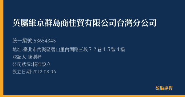 英屬維京群島商佳貿有限公司台灣分公司的照片-統編 53654345(臺北市) 公司登記資料與營業項目詳細圖表