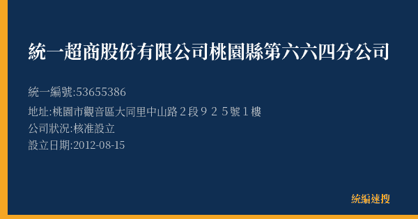 統一超商股份有限公司桃園縣第六六四分公司的照片-統編 53655386(桃園市) 公司登記資料與營業項目詳細圖表