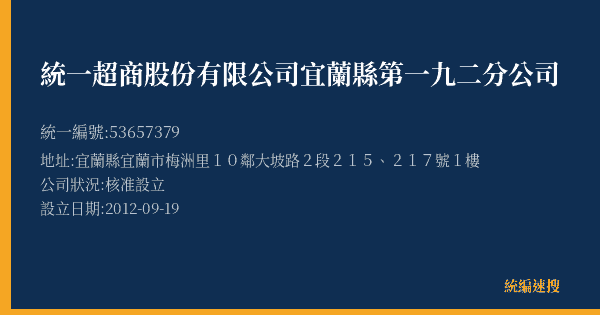 統一超商股份有限公司宜蘭縣第一九二分公司的照片-統編 53657379(宜蘭縣) 公司登記資料與營業項目詳細圖表
