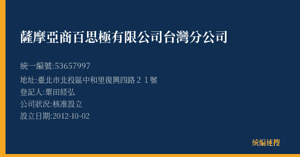 薩摩亞商百思極有限公司台灣分公司的照片-統編 53657997(臺北市) 公司登記資料與營業項目詳細圖表