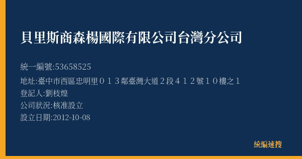 貝里斯商森楊國際有限公司台灣分公司的照片-統編 53658525(臺中市) 公司登記資料與營業項目詳細圖表
