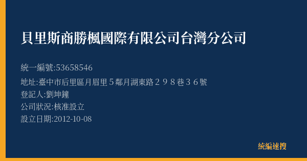 貝里斯商勝楓國際有限公司台灣分公司的照片-統編 53658546(臺中市) 公司登記資料與營業項目詳細圖表
