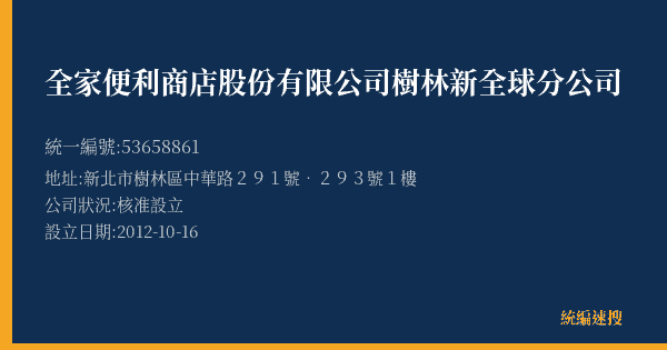 全家便利商店股份有限公司樹林新全球分公司的照片-統編 53658861(新北市) 公司登記資料與營業項目詳細圖表