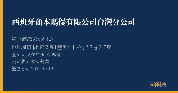 西班牙商本瑪優有限公司台灣分公司的照片-統編 53659427(桃園市) 公司登記資料與營業項目詳細圖表