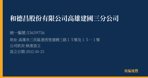和德昌股份有限公司高雄建國三分公司的照片-統編 53659756(高雄市) 公司登記資料與營業項目詳細圖表
