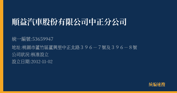 順益汽車股份有限公司中正分公司的照片-統編 53659947(桃園市) 公司登記資料與營業項目詳細圖表