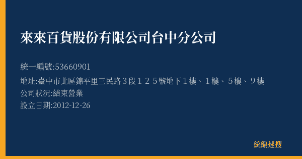 來來百貨股份有限公司台中分公司的照片-統編 53660901(臺中市) 公司登記資料與營業項目詳細圖表