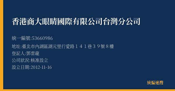 香港商大眼睛國際有限公司台灣分公司的照片-統編 53660986(臺北市) 公司登記資料與營業項目詳細圖表