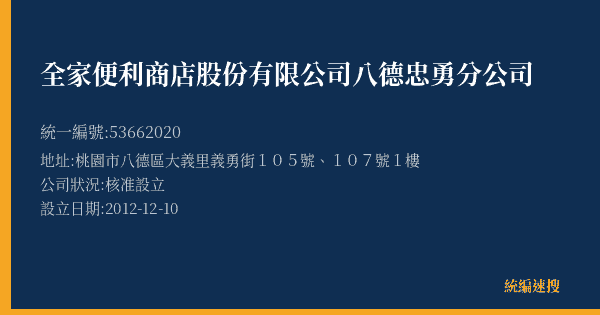 全家便利商店股份有限公司八德忠勇分公司的照片-統編 53662020(桃園市) 公司登記資料與營業項目詳細圖表