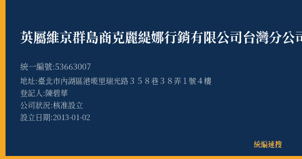 英屬維京群島商克麗緹娜行銷有限公司台灣分公司的照片-統編 53663007(臺北市) 公司登記資料與營業項目詳細圖表