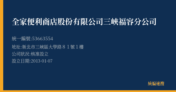 全家便利商店股份有限公司三峽福容分公司的照片-統編 53663554(新北市) 公司登記資料與營業項目詳細圖表