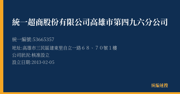 統一超商股份有限公司高雄市第四九六分公司的照片-統編 53665357(高雄市) 公司登記資料與營業項目詳細圖表