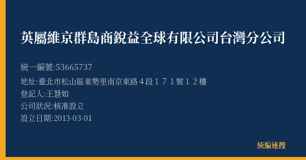 英屬維京群島商銳益全球有限公司台灣分公司的照片-統編 53665737(臺北市) 公司登記資料與營業項目詳細圖表