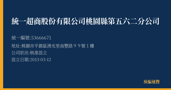 統一超商股份有限公司桃園縣第五六二分公司的照片-統編 53666671(桃園市) 公司登記資料與營業項目詳細圖表