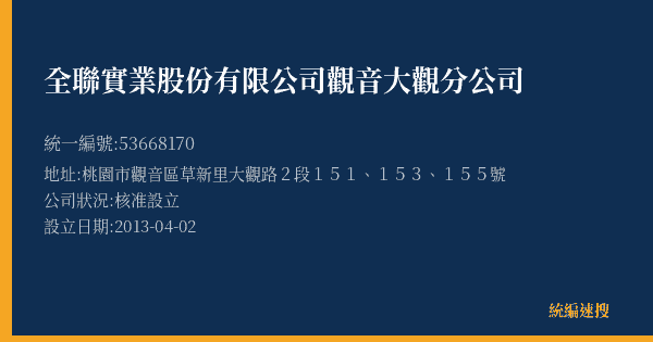 全聯實業股份有限公司觀音大觀分公司的照片-統編 53668170(桃園市) 公司登記資料與營業項目詳細圖表