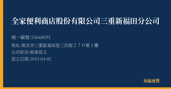 全家便利商店股份有限公司三重新福田分公司的照片-統編 53668191(新北市) 公司登記資料與營業項目詳細圖表
