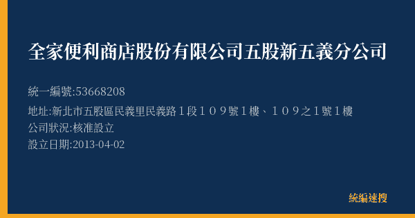 全家便利商店股份有限公司五股新五義分公司的照片-統編 53668208(新北市) 公司登記資料與營業項目詳細圖表