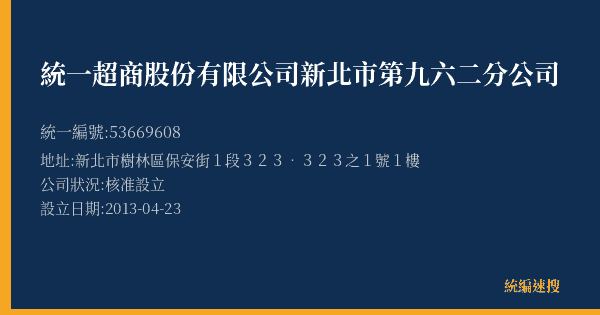 統一超商股份有限公司新北市第九六二分公司的照片-統編 53669608(新北市) 公司登記資料與營業項目詳細圖表