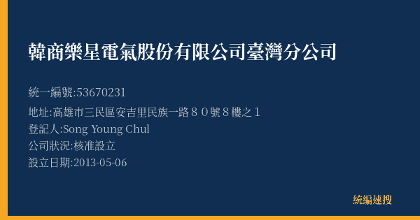 韓商樂星電氣股份有限公司臺灣分公司的照片-統編 53670231(高雄市) 公司登記資料與營業項目詳細圖表