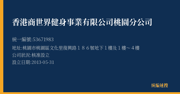 香港商世界健身事業有限公司桃園分公司的照片-統編 53671983(桃園市) 公司登記資料與營業項目詳細圖表