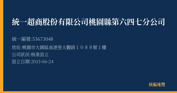 統一超商股份有限公司桃園縣第六四七分公司的照片-統編 53673048(桃園市) 公司登記資料與營業項目詳細圖表