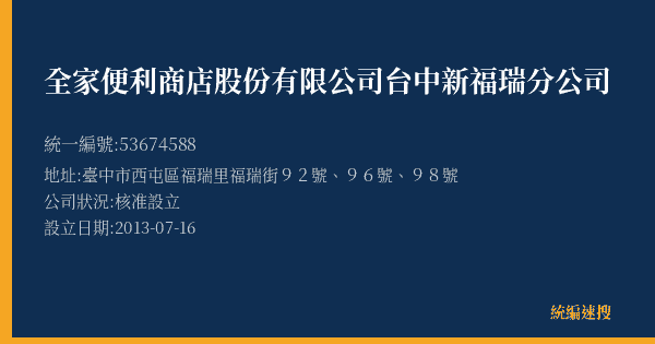 全家便利商店股份有限公司台中新福瑞分公司的照片-統編 53674588(臺中市) 公司登記資料與營業項目詳細圖表
