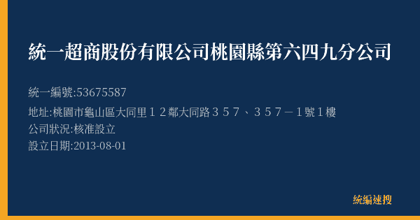 統一超商股份有限公司桃園縣第六四九分公司的照片-統編 53675587(桃園市) 公司登記資料與營業項目詳細圖表