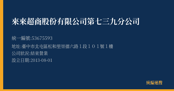 來來超商股份有限公司第七三九分公司的照片-統編 53675593(臺中市) 公司登記資料與營業項目詳細圖表