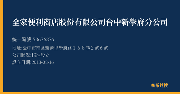 全家便利商店股份有限公司台中新學府分公司的照片-統編 53676376(臺中市) 公司登記資料與營業項目詳細圖表