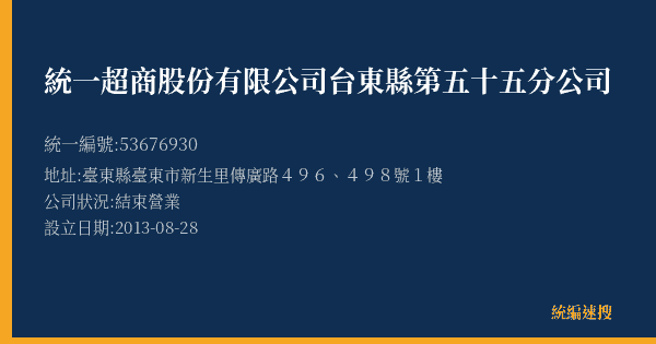 統一超商股份有限公司台東縣第五十五分公司的照片-統編 53676930(臺東縣) 公司登記資料與營業項目詳細圖表