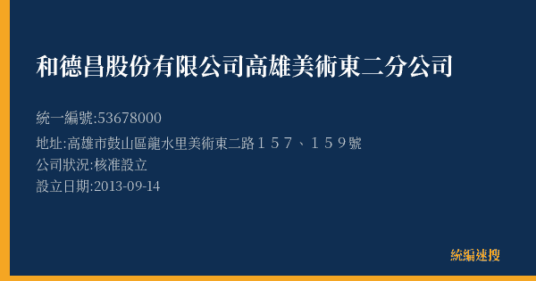 和德昌股份有限公司高雄美術東二分公司的照片-統編 53678000(高雄市) 公司登記資料與營業項目詳細圖表