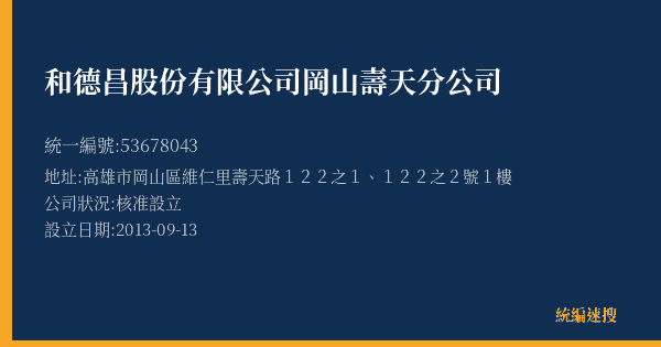 和德昌股份有限公司岡山壽天分公司的照片-統編 53678043(高雄市) 公司登記資料與營業項目詳細圖表