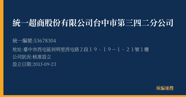 統一超商股份有限公司台中市第三四二分公司的照片-統編 53678304(臺中市) 公司登記資料與營業項目詳細圖表