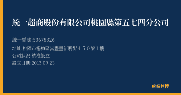 統一超商股份有限公司桃園縣第五七四分公司的照片-統編 53678326(桃園市) 公司登記資料與營業項目詳細圖表