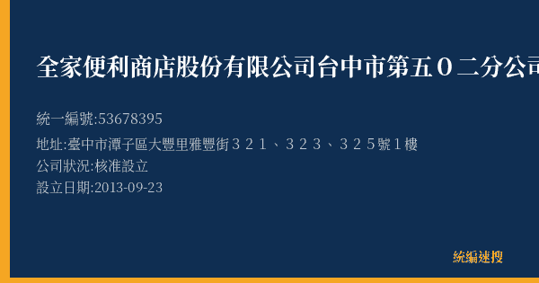 全家便利商店股份有限公司台中市第五0二分公司的照片-統編 53678395(臺中市) 公司登記資料與營業項目詳細圖表