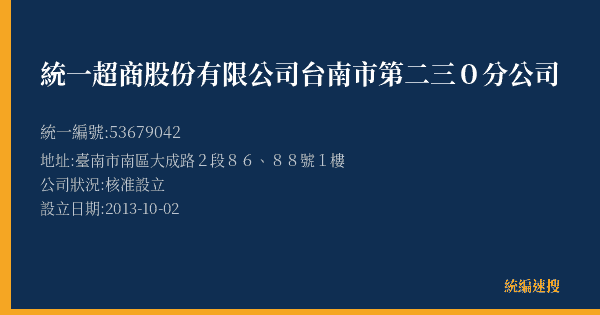 統一超商股份有限公司台南市第二三0分公司的照片-統編 53679042(臺南市) 公司登記資料與營業項目詳細圖表