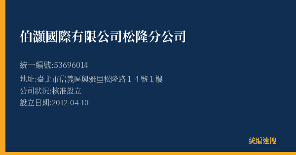 伯灝國際有限公司松隆分公司的照片-統編 53696014(臺北市) 公司登記資料與營業項目詳細圖表
