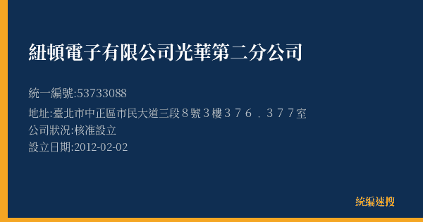 紐頓電子有限公司光華第二分公司的照片-統編 53733088(臺北市) 公司登記資料與營業項目詳細圖表