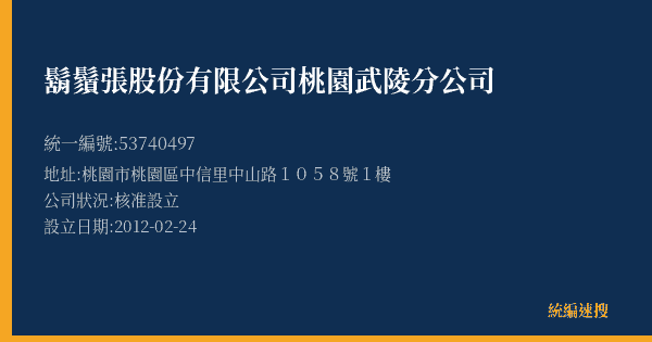 鬍鬚張股份有限公司桃園武陵分公司的照片-統編 53740497(桃園市) 公司登記資料與營業項目詳細圖表