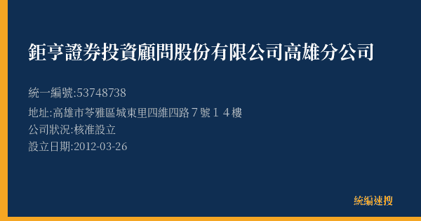 鉅亨證券投資顧問股份有限公司高雄分公司的照片-統編 53748738(高雄市) 公司登記資料與營業項目詳細圖表