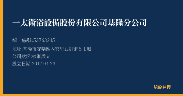 一太衛浴設備股份有限公司基隆分公司的照片-統編 53763245(基隆市) 公司登記資料與營業項目詳細圖表