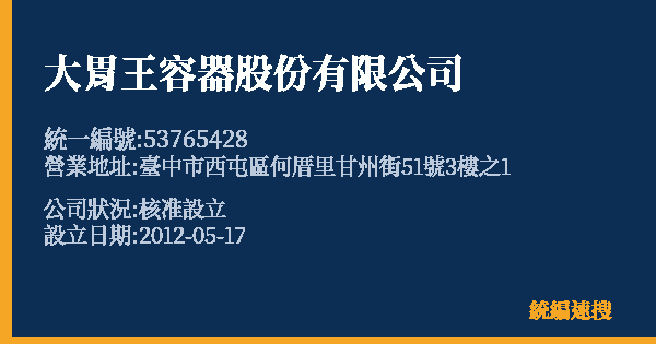大胃王容器股份有限公司的照片-統編 53765428 公司登記資料與營業項目詳細圖表