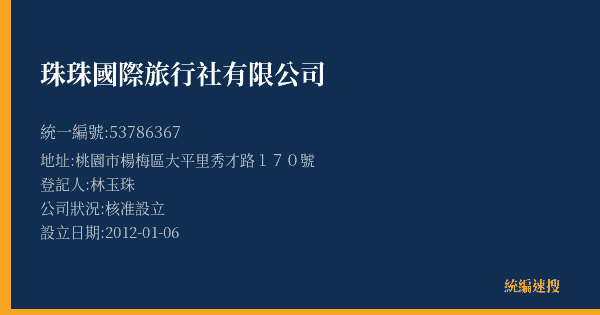 珠珠國際旅行社有限公司的照片-統編 53786367(桃園市) 公司登記資料與營業項目詳細圖表