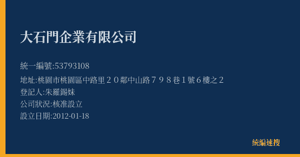 大石門企業有限公司的照片-統編 53793108(桃園市) 公司登記資料與營業項目詳細圖表