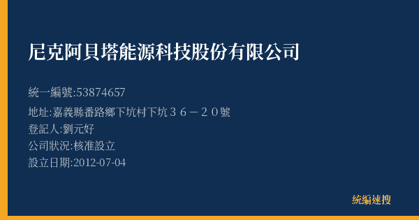 尼克阿貝塔能源科技股份有限公司的照片-統編 53874657(嘉義縣) 公司登記資料與營業項目詳細圖表