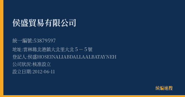侯盛貿易有限公司的照片-統編 53879597(雲林縣) 公司登記資料與營業項目詳細圖表