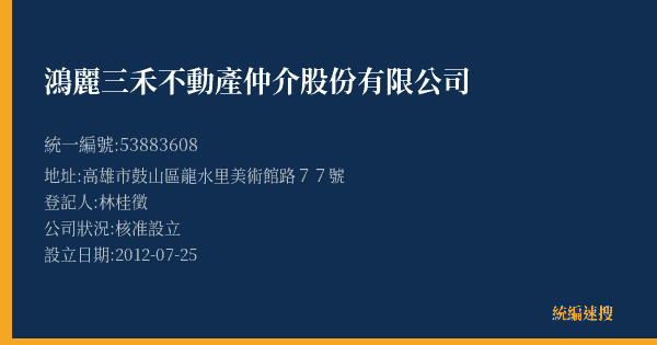 鴻麗三禾不動產仲介股份有限公司的照片-統編 53883608(高雄市) 公司登記資料與營業項目詳細圖表